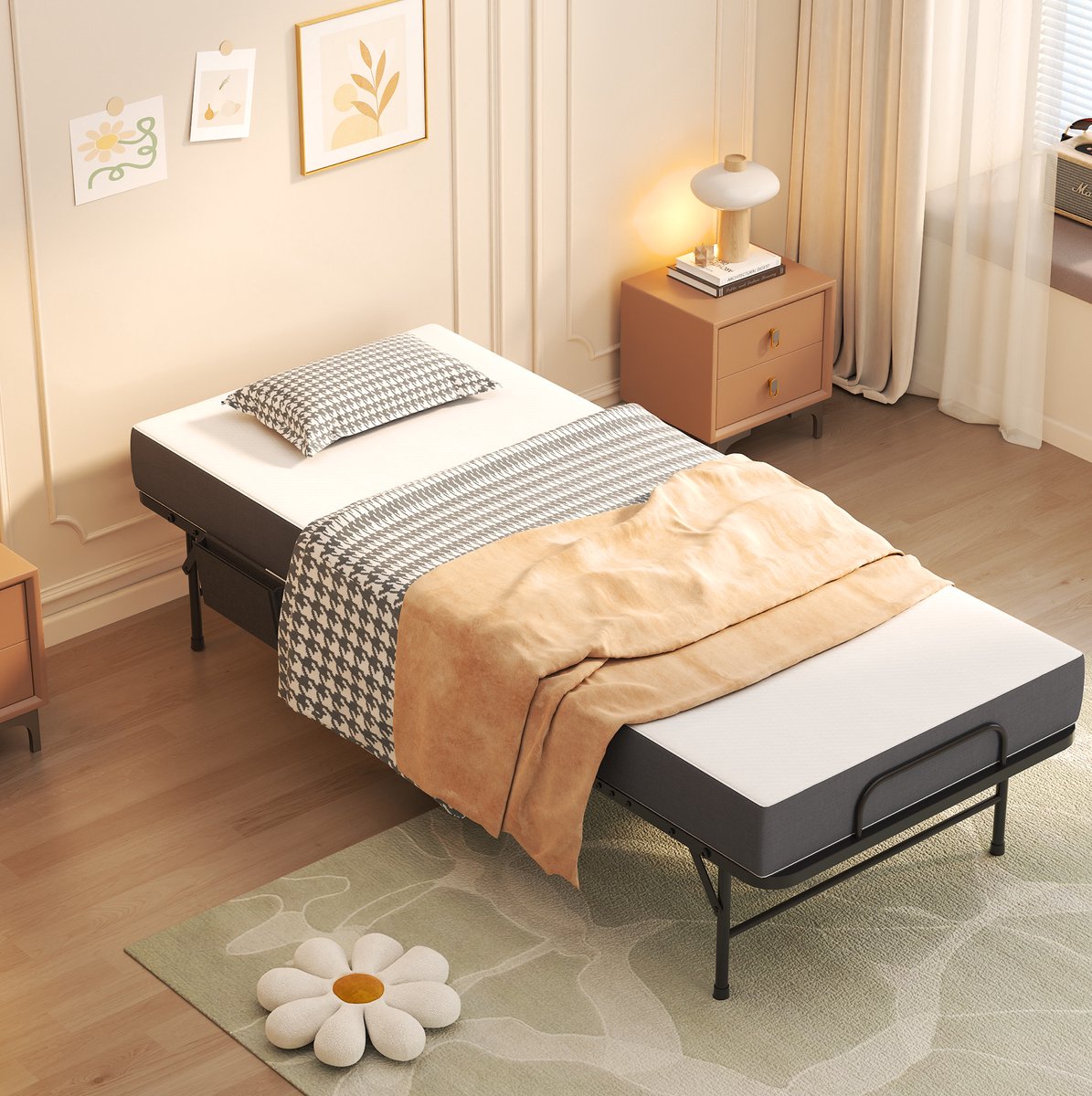 Wishdor Opklapbed met 9,5 cm traagschuimmatras - Eenpersoons gastbed met wielen - Metalen frame met lattenbodem - Voor volwassenen - Zwart - 190 x 78 cm