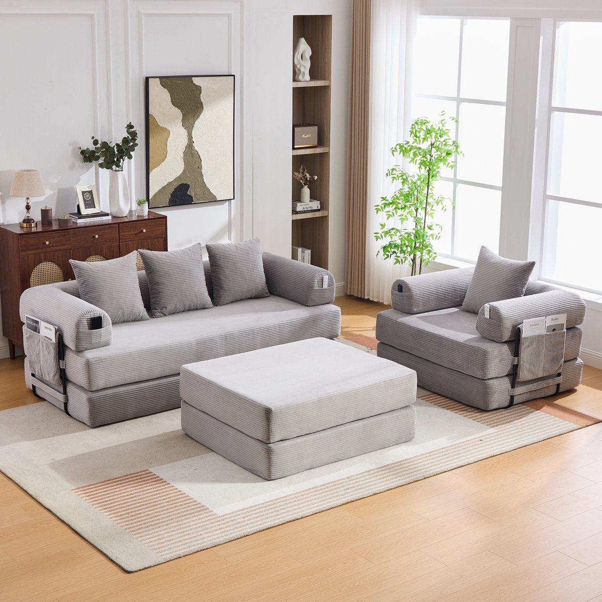 Modulaire 4-zits corduroy bank met hocker - Geschikt voor woonkamer en appartement - 4-zits - Zacht corduroy - Stabiel metalen frame & zijvak - Inclusief 4 kussens, compact geleverd
