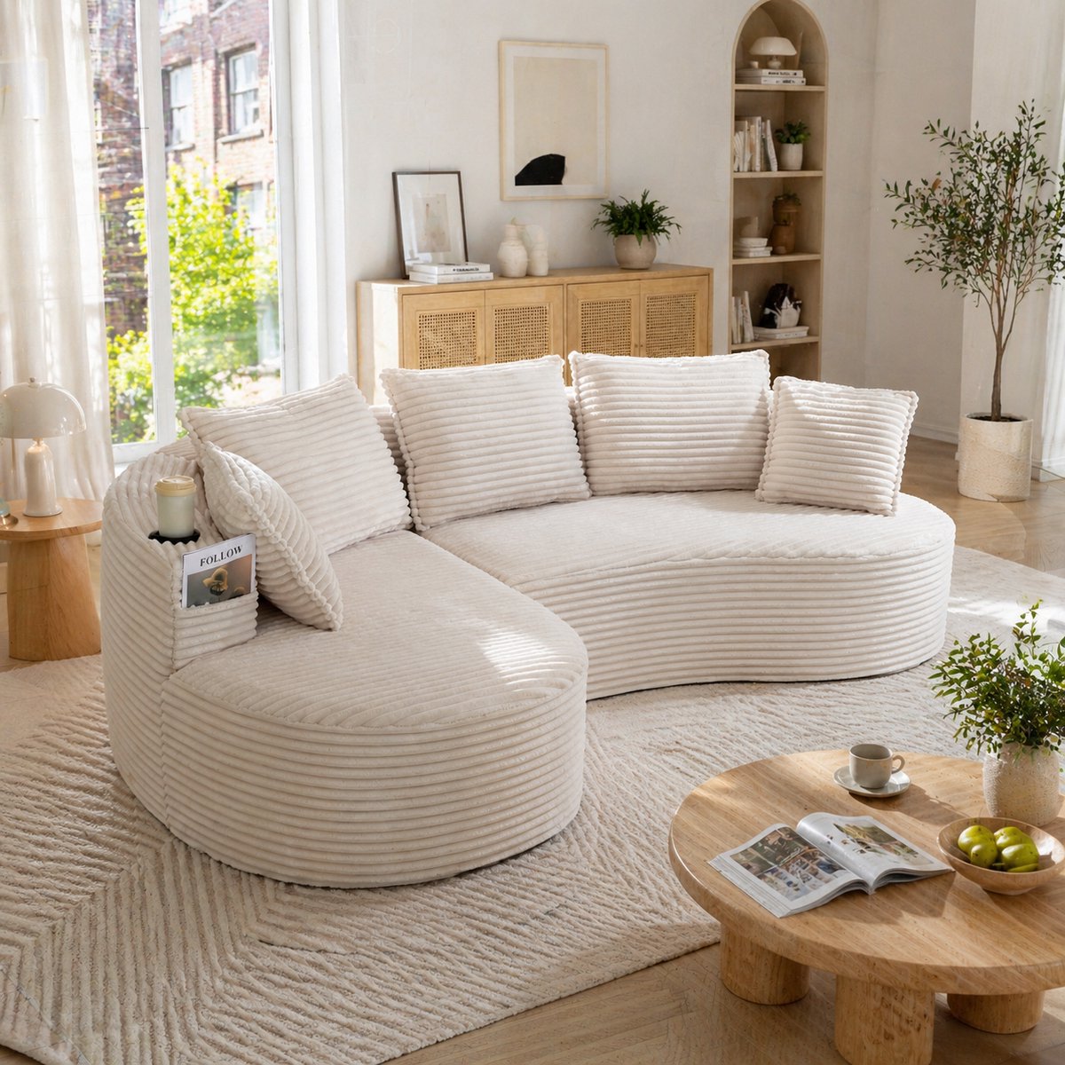 Bogesofa van corduroy met bekerhouder en opbergvak - Geschikt voor elke woonruimte - 2 zitplaatsen - Grijs - Hoogwaardig schuim en springkern voor vormvast comfort - Inclusief kussen en gecomprimeerd geleverd