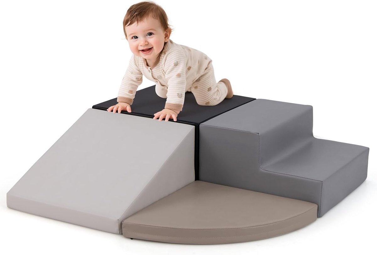 COSTWAY 4-delige schuimbouwstenen, reuzenbouwstenen om te ravotten en te klimmen, zachte schuimbouwstenen, grote bouwstenen, bouwblokken voor kleuters kinderen, baby's & schoolkinderen (grijs)