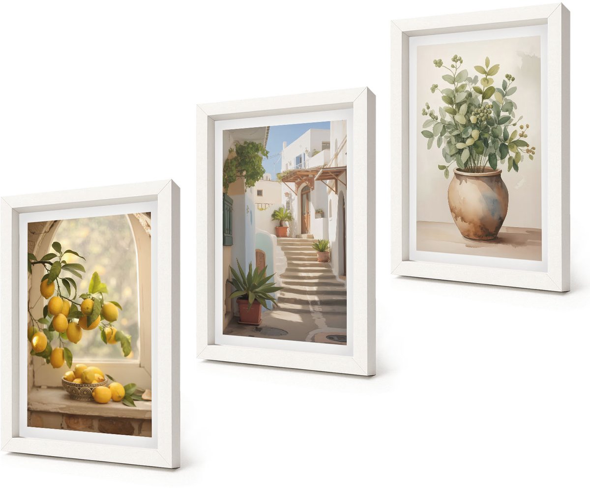Coloray 3-Delige Schilderij Set - Citroenen in een vaas en planten in een witte architectuur - 20x30 - Stijlvolle Muurdecoratie - Slaapkamer