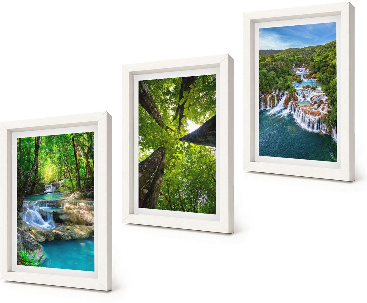 Coloray 3-Delige Schilderij Set - Watervallen in een groen bos met kristalhelder water. - 20x30 - Stijlvolle Muurdecoratie - Slaapkamer - Woonkamer Decoratie