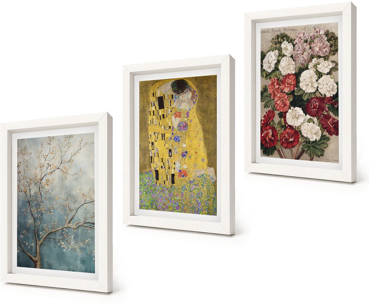 Coloray 3-Delige Schilderij Set - Bloemen en bomen in de schilderstijl van De Kus van Gustav Klimt. - 20x30 - Moderne Wanddecoratie - Slaapkamer - Muurdecoratie