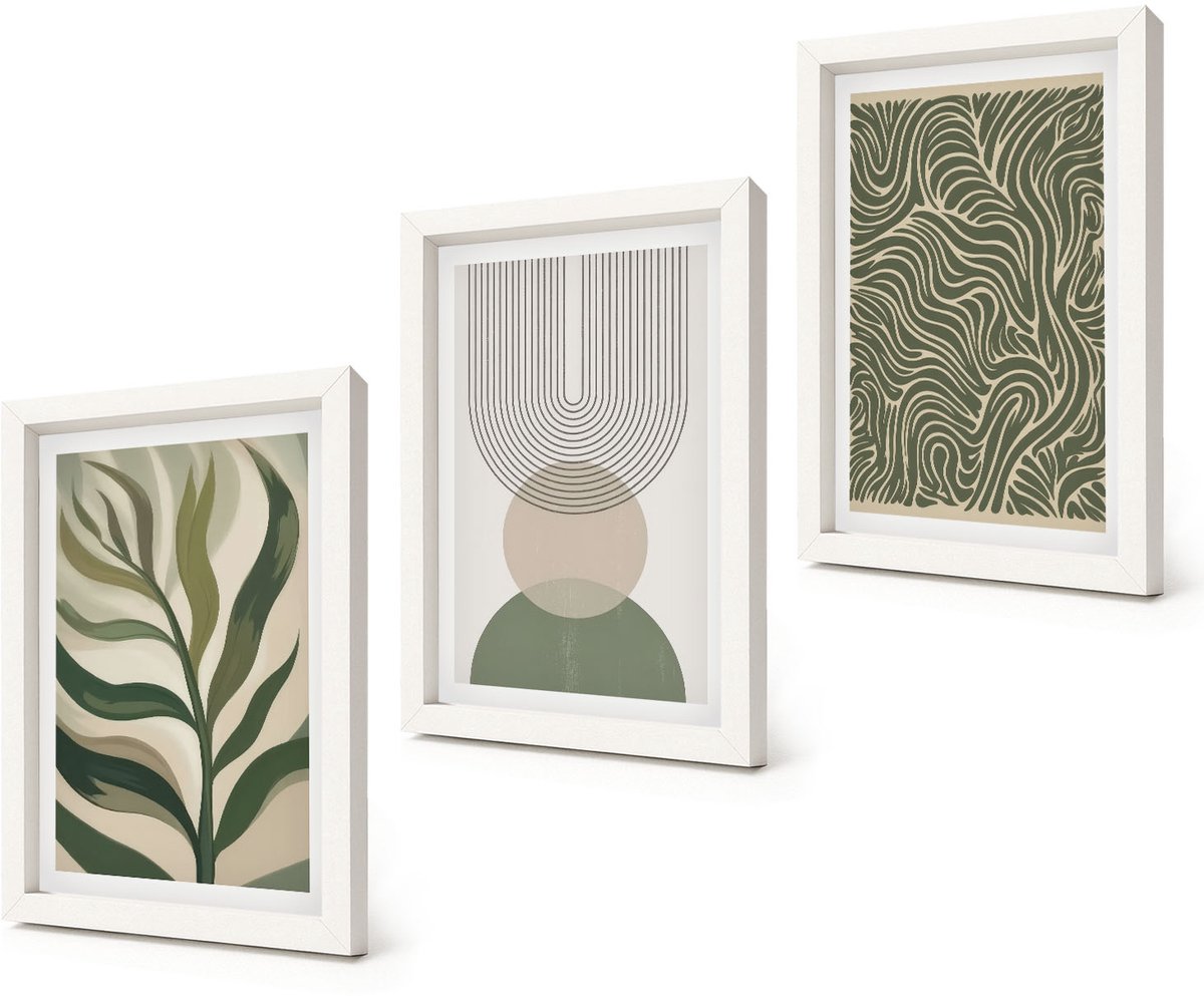Coloray 3-Delige Schilderij Set - Abstracte bladeren en geometrische vormen - 20x30 - Moderne Wanddecoratie - Woonkamer - Decoratieve Schilderijen
