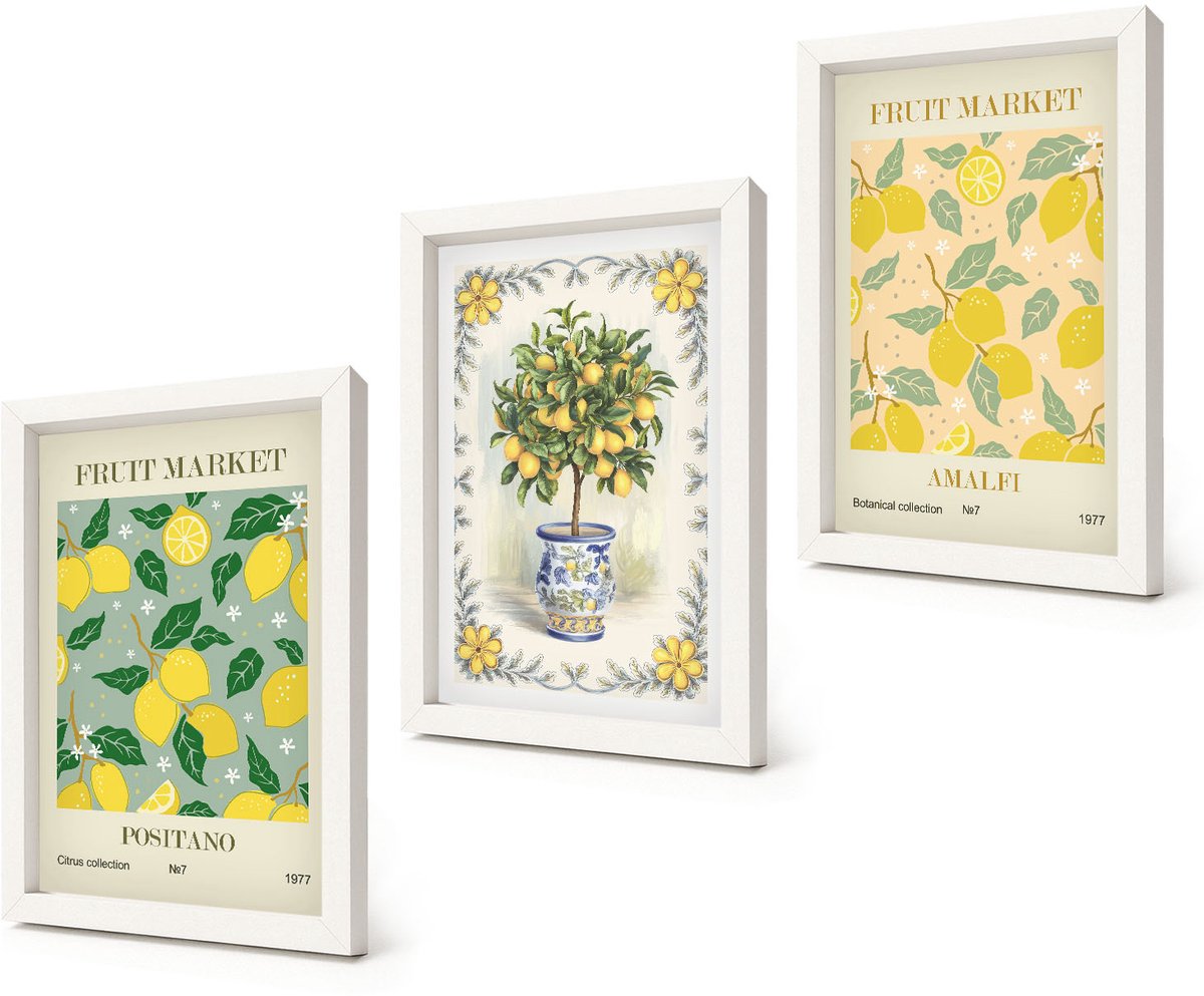 Coloray 3-Delige Schilderij Set - Italiaanse posters met citrusbomen en fruit - 20x30 - Schilderijen Set - Wanddecoratie - Woonkamer