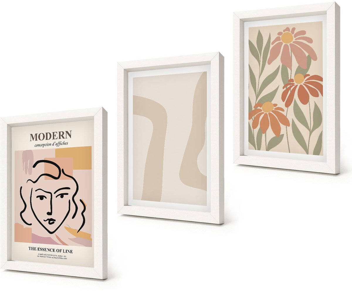 Coloray 3-Delige Schilderij Set - Vrouw in moderne stijl met abstracte patronen - 20x30 - Muurdecoratie - Schilderijen Set - Woonkamer - Interieur Decoratie
