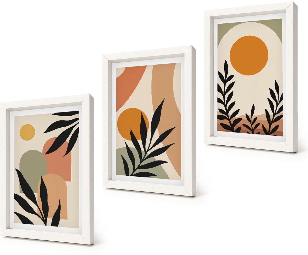 Coloray 3-Delige Schilderij Set - Abstracte vormen en plantmotieven in warme kleuren. - 20x30 - Wanddecoratie - Schilderijen Set - Kantoor - Woonkamer Decoratie