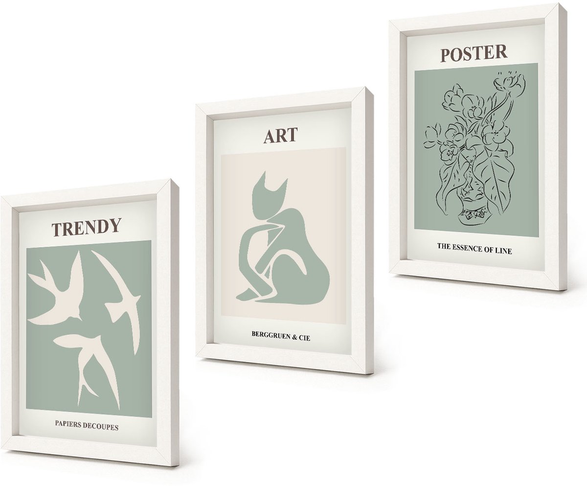 Coloray 3-Delige Schilderij Set - Stijlvolle illustraties van Henri Matisse - 20x30 - Muurdecoratie - Wanddecoratie - Slaapkamer - Interieur Decoratie