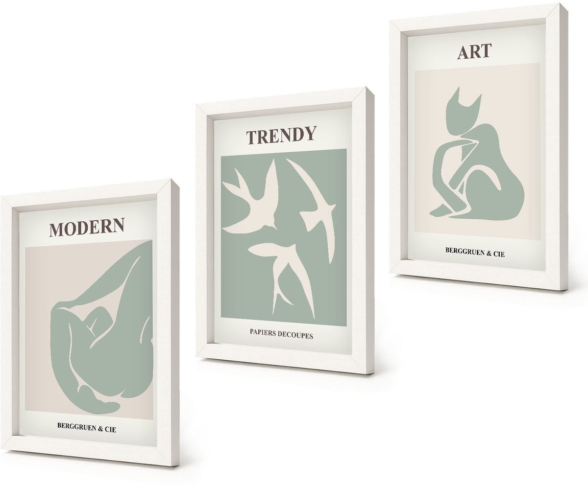 Coloray 3-Delige Schilderij Set - Abstracte figuren van Henri Matisse in ingetogen kleuren. - 20x30 - Moderne Wanddecoratie - Woonkamer - Decoratieve Schilderijen