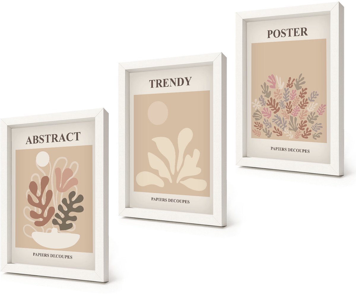 Coloray 3-Delige Schilderij Set - Posters met plantmotieven in beige en bruine tinten - 20x30 - Wanddecoratie - Woonkamer Decoratie - Muurdecoratie