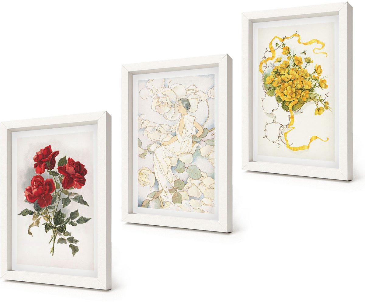 Coloray 3-Delige Schilderij Set - Rode rozen in een witte vaas met gele bloemen. - 20x30 - Wanddecoratie - Schilderijen Set - Kantoor - Muurdecoratie
