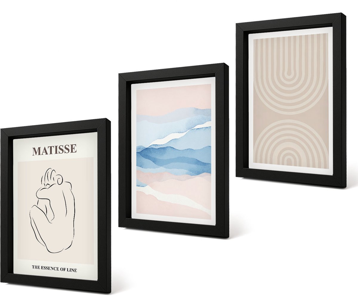 Coloray 4-Delige Schilderij Set - Lijnen en golven in pasteltinten met een minimalistisch accent. - 20 x 30 cm - Muurdecoratie - Schilderijen Set - Woonkamer - Wanddecoratie