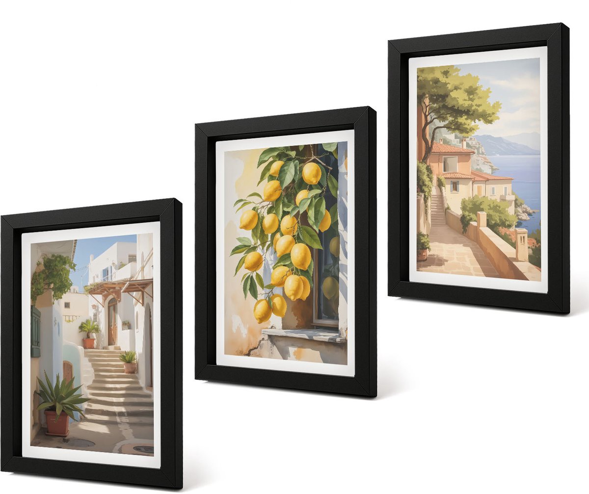 Coloray 4-Delige Schilderij Set - Sfeervolle straatjes met citroenbomen en uitzicht op zee. - 20 x 30 cm - Muurdecoratie - Wanddecoratie - Hal - Stijlvolle Muurdecoratie