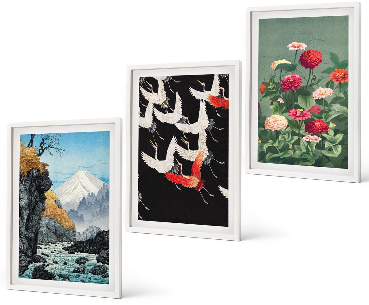 Coloray 3-Delige Schilderij Set - Bergen Met Een Waterval, Vogels In Vlucht En Kleurrijke Bloemen - 40 x 60 - Muurdecoratie - Interieur Decoratie - Moderne Wanddecoratie