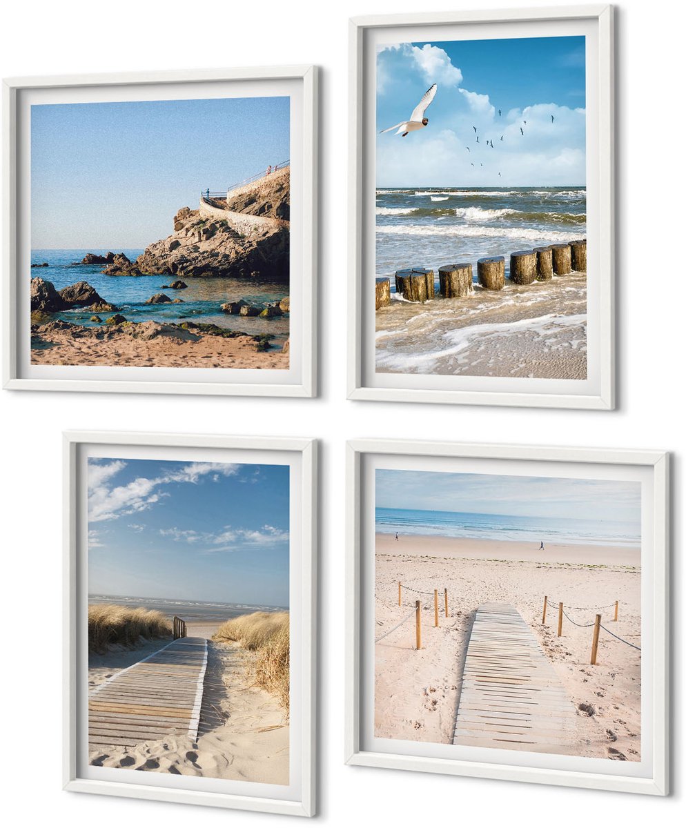 Coloray 4-Delige Schilderij Set - Strand Met Zand, Golven, Lucht En Vogels In De Lucht. - 40 x 40 En 40 x 60 - Muurdecoratie - Schilderijen Set - Woonkamer - Woonkamer Decoratie