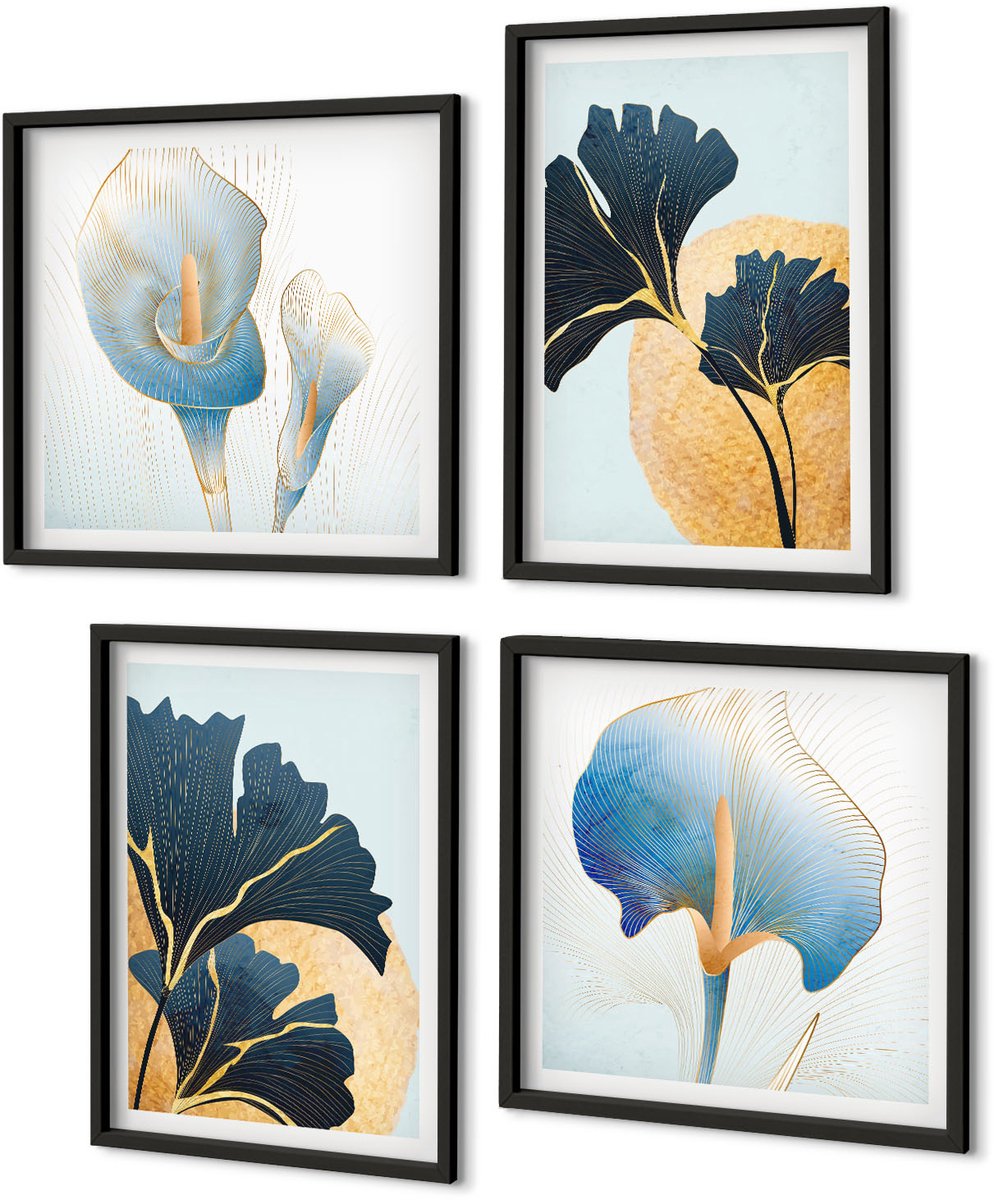 Coloray 4-Delige Schilderij Set - Citroenen Wachtwoord Over Wijn Portret Van Frida Kahlo - 40 x 40 cm En 40 x 60 cm - Decoratieve Schilderijen - Woonkamer - Interieur - Muurdecoratie Zwarte lijst