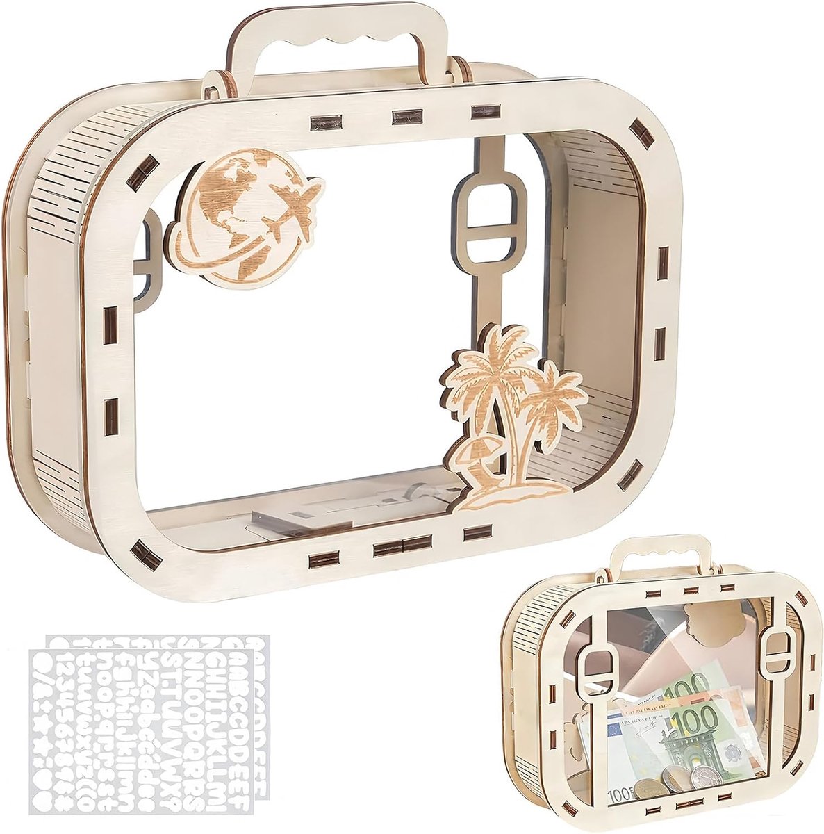 Houten spaarpot die je zelf kunt personaliseren met stickers, herbruikbare spaarpot voor munten en biljetten, creatief - ShopVlot