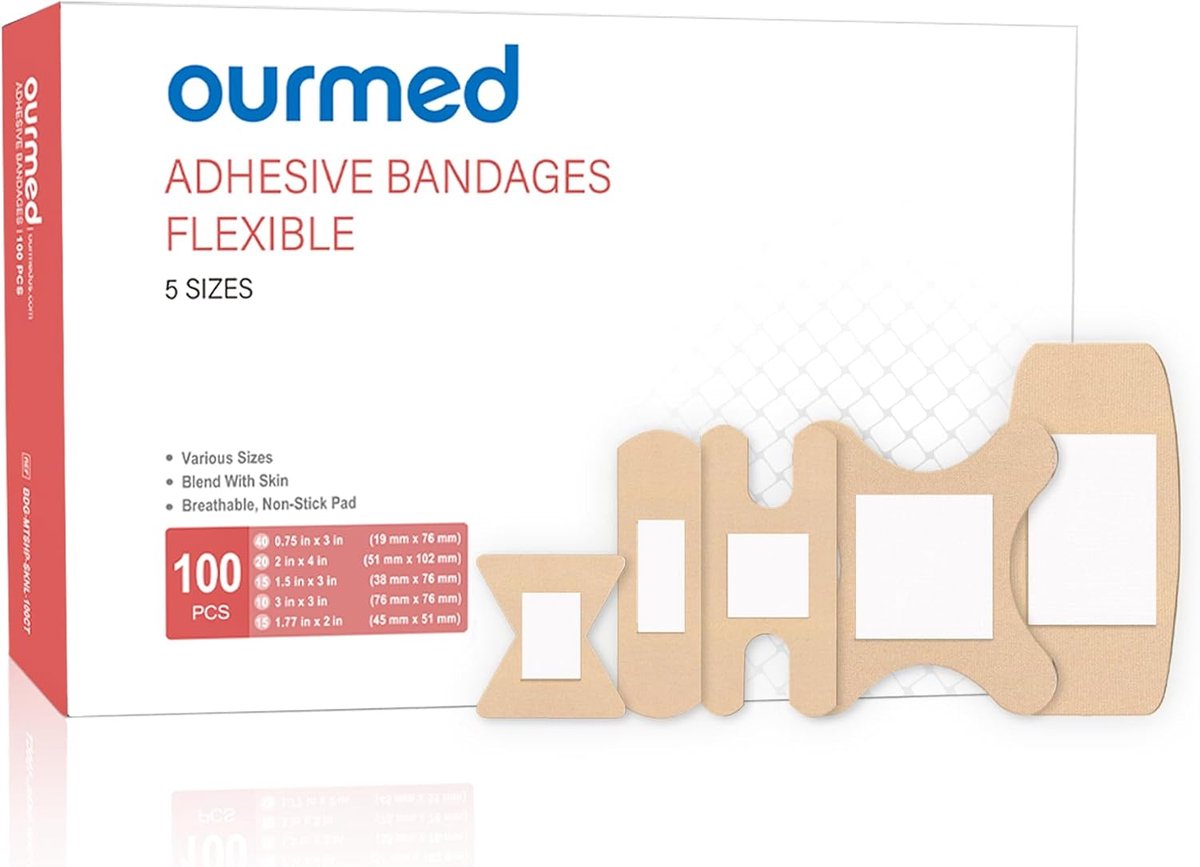 Ourmed Flexible Assorted Patches Variety Pack 100 Pieces, Fingertip Bandages for First Aid, Light Cuts, Abrasions - ShopVlot