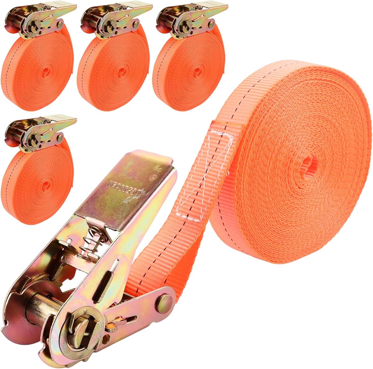 Pack of 5 10M ratchet straps without hook, lashing strap ratchet strap 800kg, 25mm wide, orange lashing straps for - ShopVlot