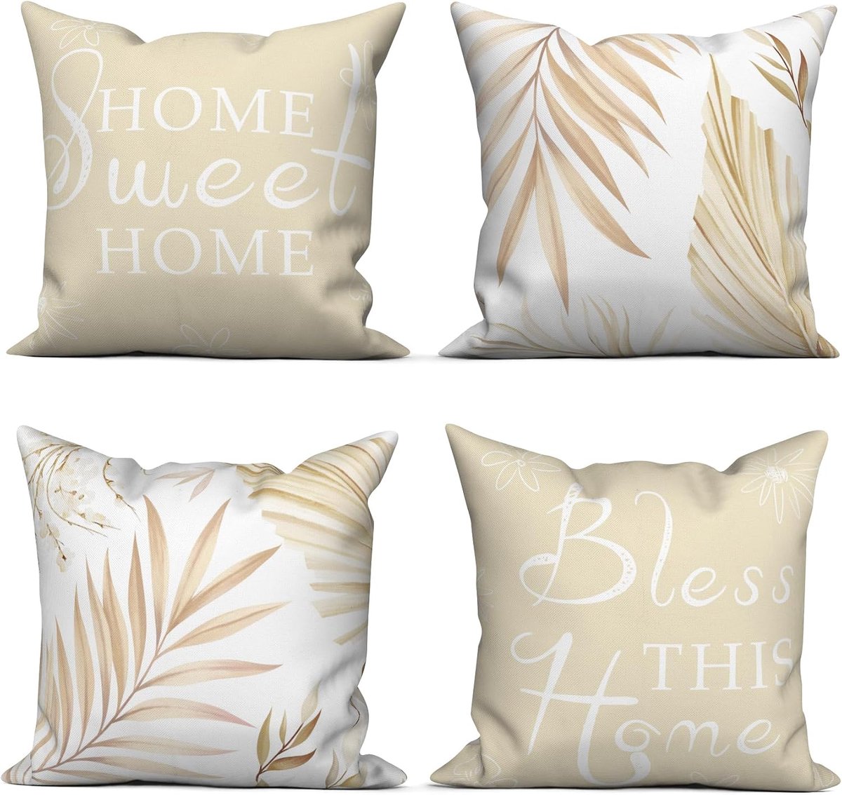 Kussenslopen 40 x 40 cm, beige, tropische palmbladeren, rietbladeren, zonder onzichtbare ritssluiting, set van 4 - ShopVlot