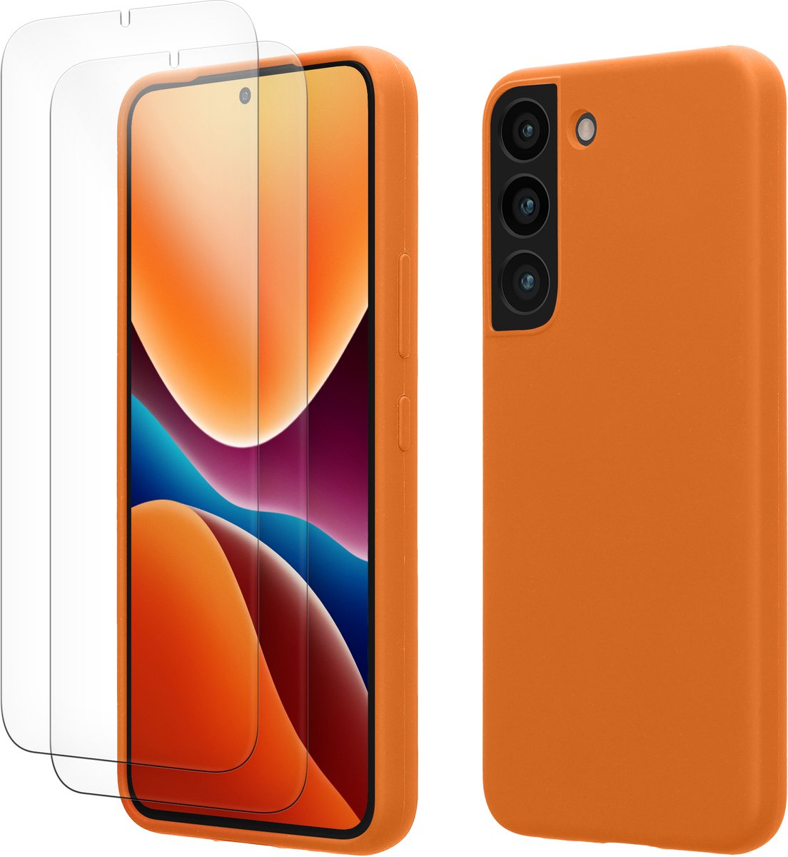 kwmobile hoes met 2x screenprotectors voor Samsung Galaxy S22 – screenprotector van gehard glas – draadloos opladen – fruitig oranje