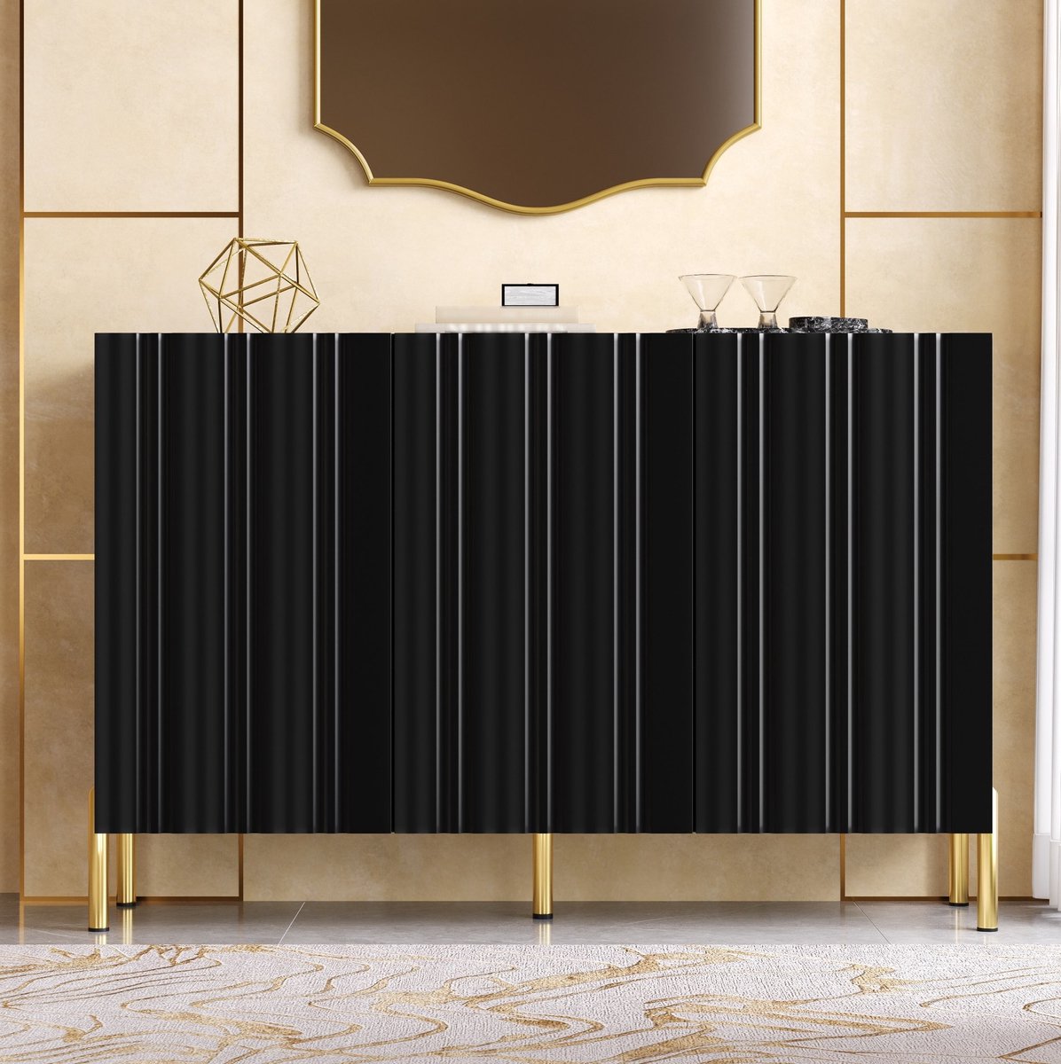 MIVRAY Schoenenkast Met 3 Deuren En Verticale Groeven Voor Hal En Woonkamer Zwart MDF Spaanplaat 120 X 35 5 X 80 Cm