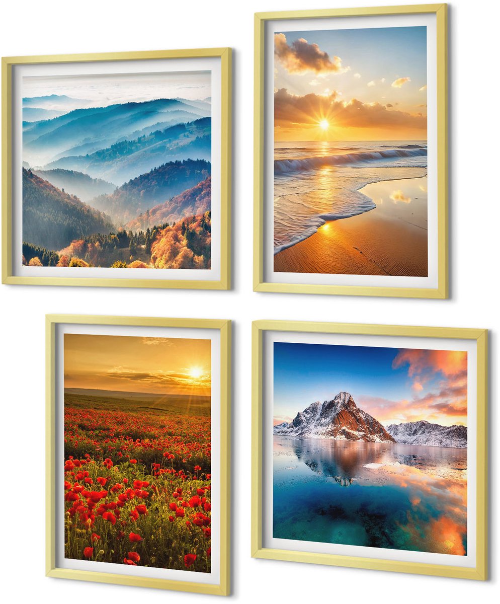 Coloray 4-Delige Schilderij Set - Berg- en kustlandschappen met zonsondergang - 40 x 40 cm en 40 x 60 cm - Stijlvolle Muurdecoratie - Kantoor - Decoratieve Schilderijen