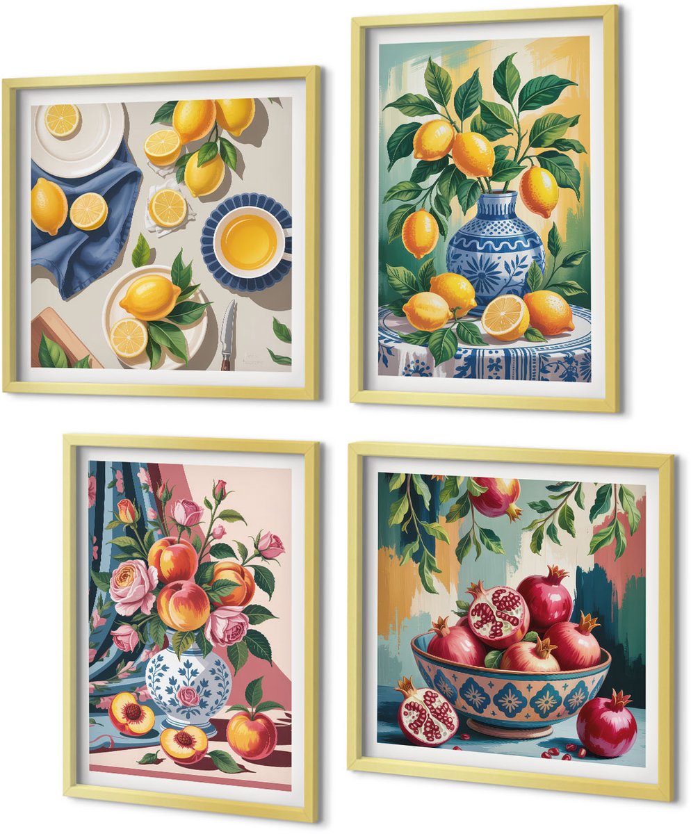 Coloray 4-Delige Schilderij Set - Geschilderde bloemen en fruit in vazen - 40 x 40 cm en 40 x 60 cm - Muurdecoratie - Interieur Decoratie - Woonkamer Decoratie