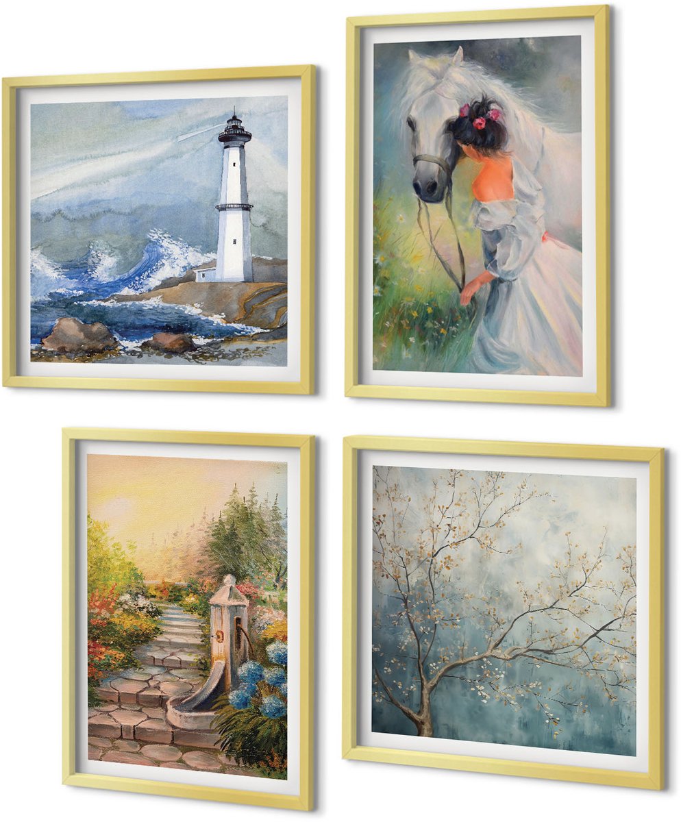 Coloray 4-Delige Schilderij Set - Natuurlandschap, vuurtoren en meisje met paard - 40 x 40 cm en 40 x 60 cm - Muurdecoratie - Wanddecoratie - Slaapkamer