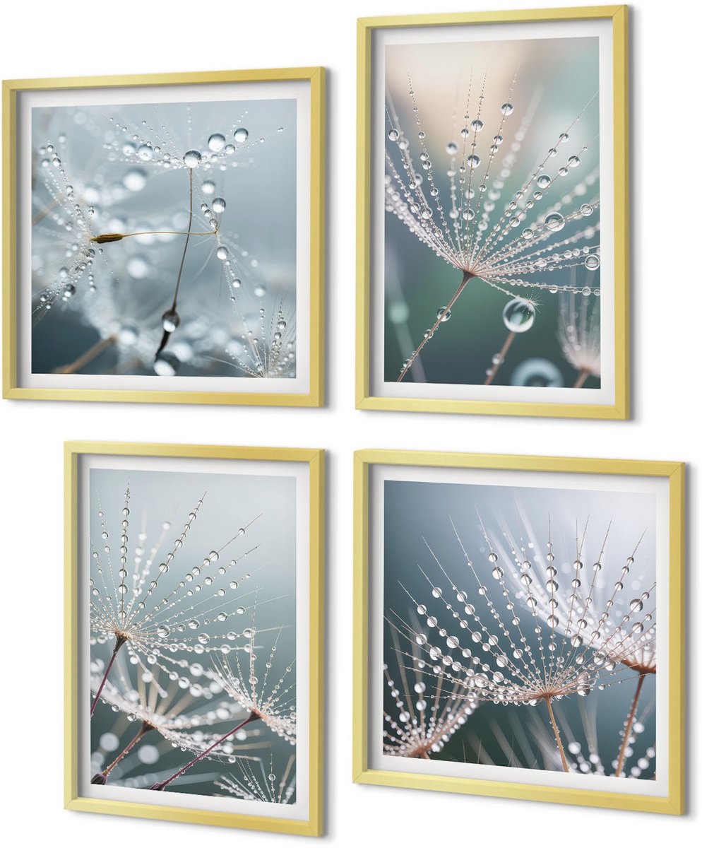 Coloray 4-Delige Schilderij Set - Waterdruppels op de tere scheuten van paardenbloemen - 40 x 40 cm en 40 x 60 cm - Moderne Wanddecoratie - Slaapkamer