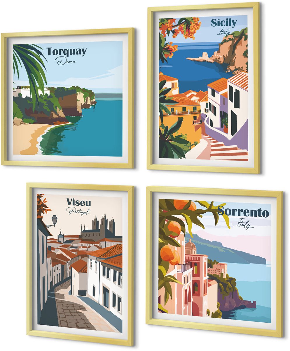 Coloray 4-Delige Schilderij Set - Retro-illustraties van beroemde steden over de hele wereld - 40 x 40 cm en 40 x 60 cm - Muurdecoratie - Decoratieve Schilderijen - Wohnzimmer