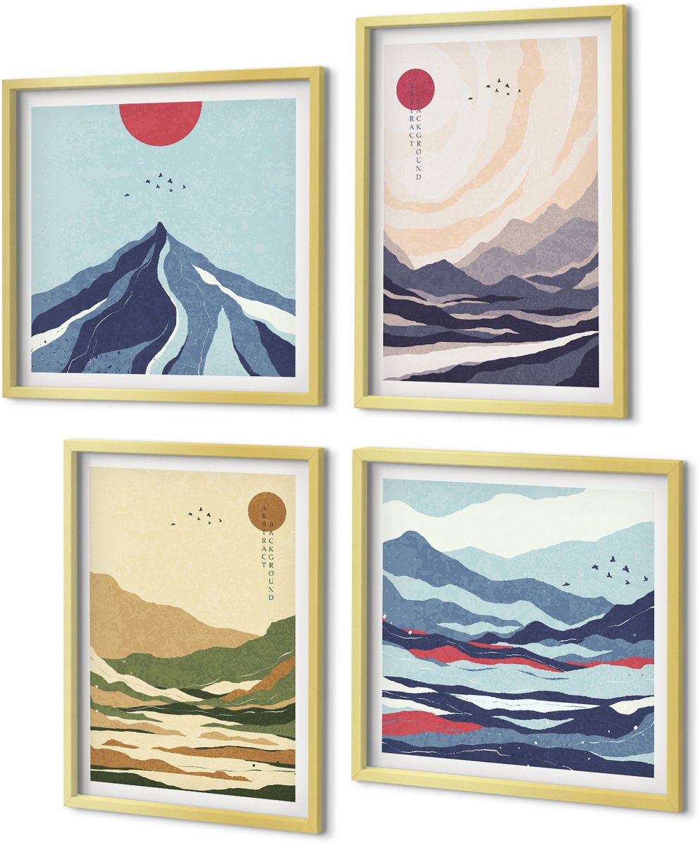 Coloray 4-Delige Schilderij Set - Bergen in pastelkleuren in Japanse stijl - 40 x 40 cm en 40 x 60 cm - Wanddecoratie - Woonkamer Decoratie - Decoratieve Schilderijen