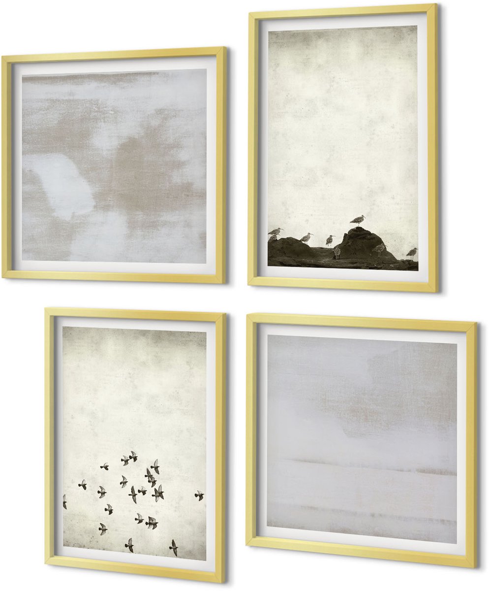 Coloray 4-Delige Schilderij Set - Vogels in vlucht en gekraste texturen in minimalistische stijl - 40 x 40 cm en 40 x 60 cm - Decoratieve Schilderijen - Wanddecoratie - Hal - Woonkamer Decoratie