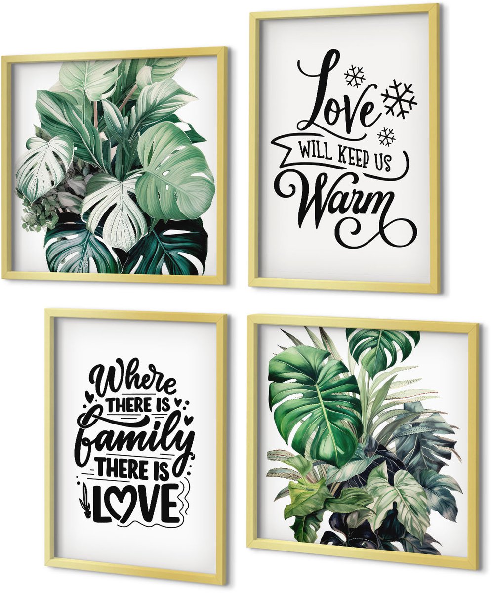 Coloray 4-Delige Schilderij Set - Familieliefde, warmte thuis, bladeren, planten, aquarel - 40 x 40 cm en 40 x 60 cm - Wanddecoratie - Muurdecoratie - Woonkamer
