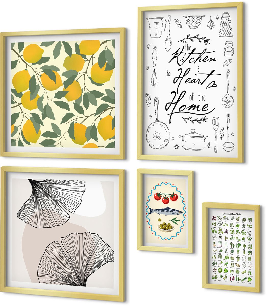 Coloray 5-Delige Schilderij Set - Keukeninspiratie: Stijlvolle Interieuraccenten - 50 x 50 cm, 20 x 30 cm En 40 x 60 cm - Muurdecoratie - Interieur Decoratie - Moderne Wanddecoratie
