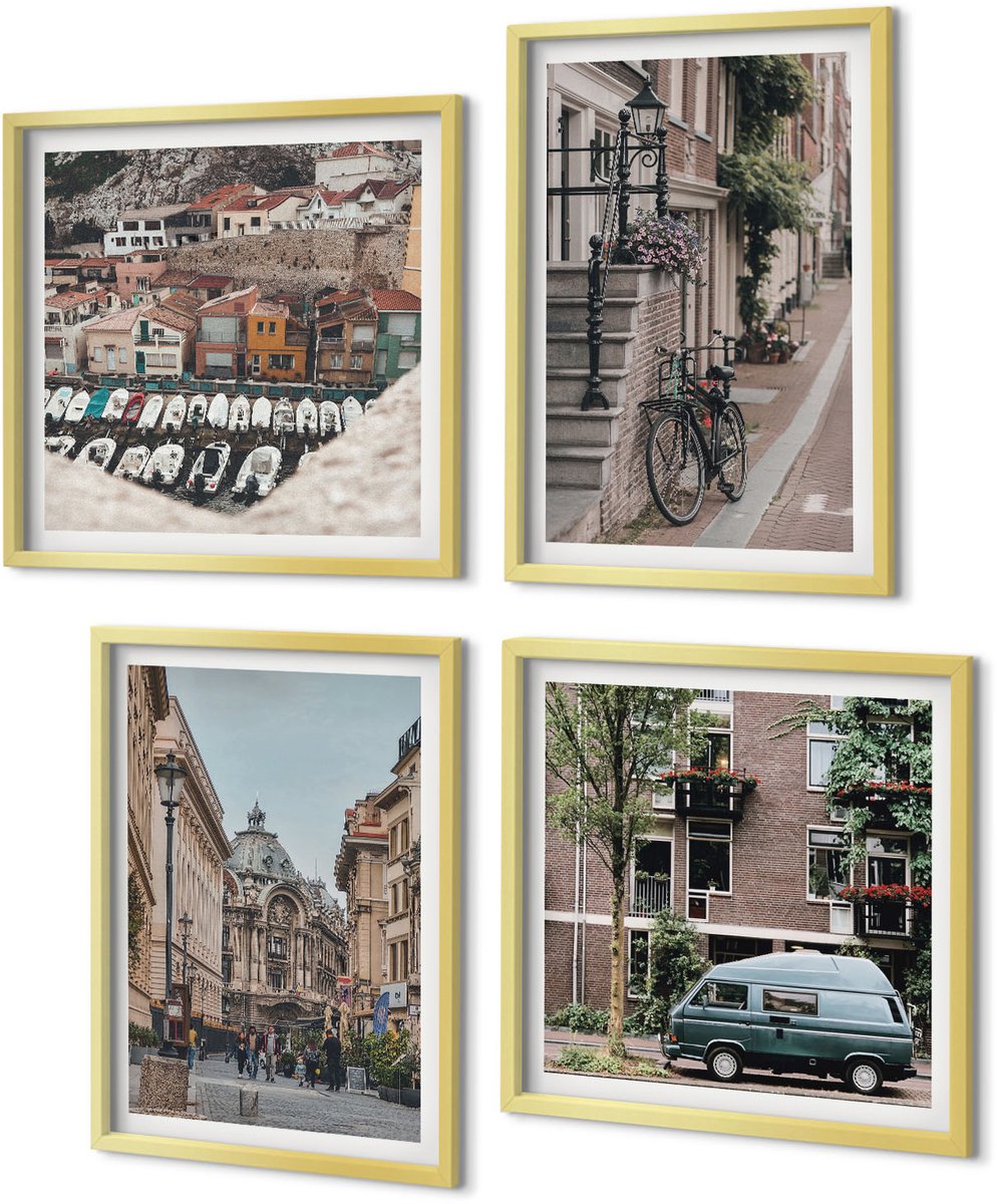 Coloray 4-Delige Schilderij Set - Rustige stedelijke uitzichten op gebouwen - 40 x 40 cm en 40 x 60 cm - Muurdecoratie - Schilderijen Set - Woonkamer