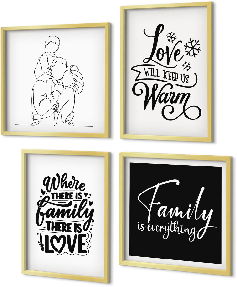 Coloray 4-Delige Schilderij Set - Familie, liefde, warmte, thuis, inspirerende citaten - 40 x 40 cm en 40 x 60 cm - Wanddecoratie - Moderne Interieurdecoratie - Decoratieve Schilderijen