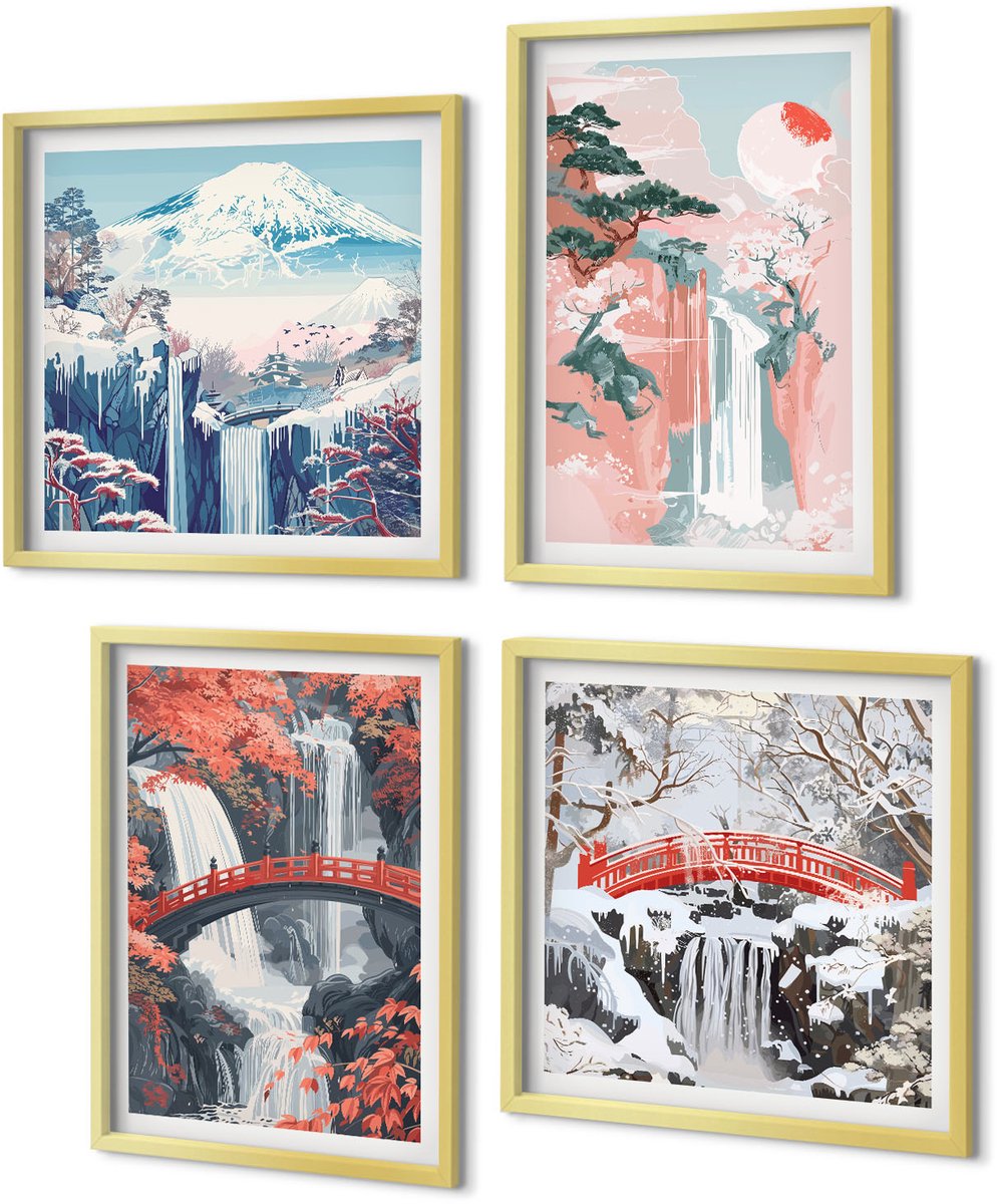 Coloray 4-Delige Schilderij Set - Watervallen in verschillende seizoenen met bruggen en bomen. - 40 x 40 cm en 40 x 60 cm - Wanddecoratie - Muurdecoratie - Woonkamer