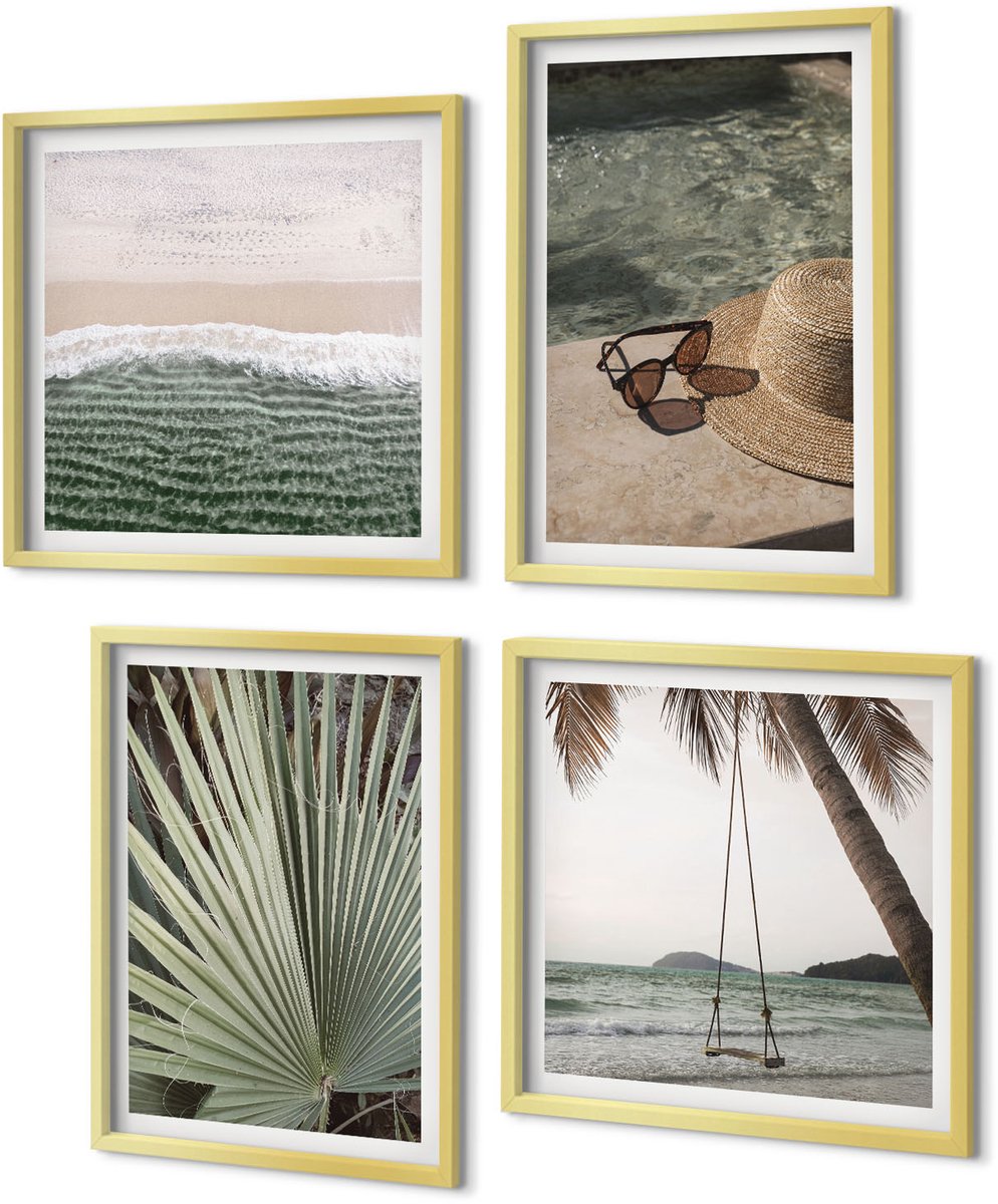Coloray 4-Delige Schilderij Set - Vakantie aan het strand met palmbladerenschommel - 40 x 40 cm en 40 x 60 cm - Moderne Wanddecoratie - Slaapkamer - Stijlvolle Muurdecoratie