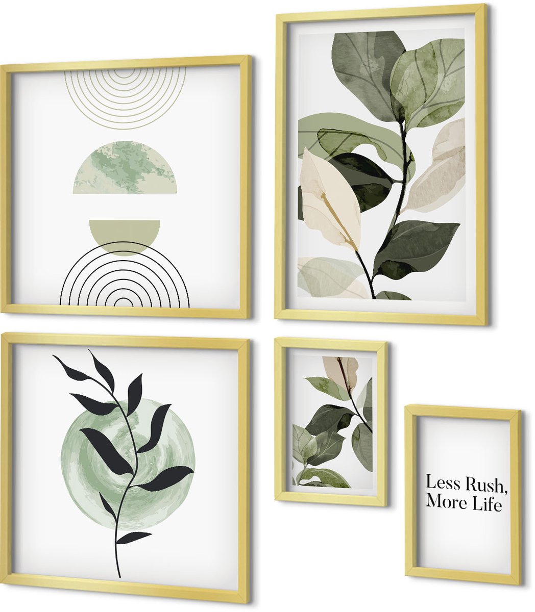 Coloray 5-Delige Schilderij Set - Stijlvolle Afbeeldingen Met Plantmotieven Voor Interieurs - 50 x 50 cm, 20 x 30 cm En 40 x 60 cm - Muurdecoratie - Wanddecoratie - Hal - Interieur Decoratie