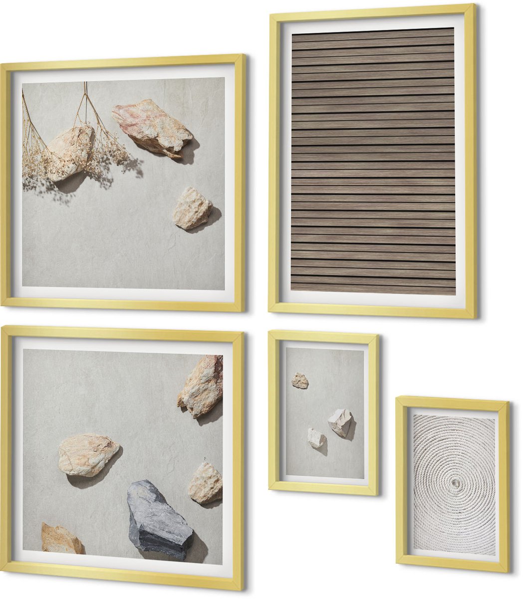 Coloray 5-Delige Schilderij Set - Natuurlijke Texturen: Hout, Stenen, Touw - 50 x 50 cm, 20 x 30 cm En 40 x 60 cm - Stijlvolle Muurdecoratie - Kantoor - Wanddecoratie
