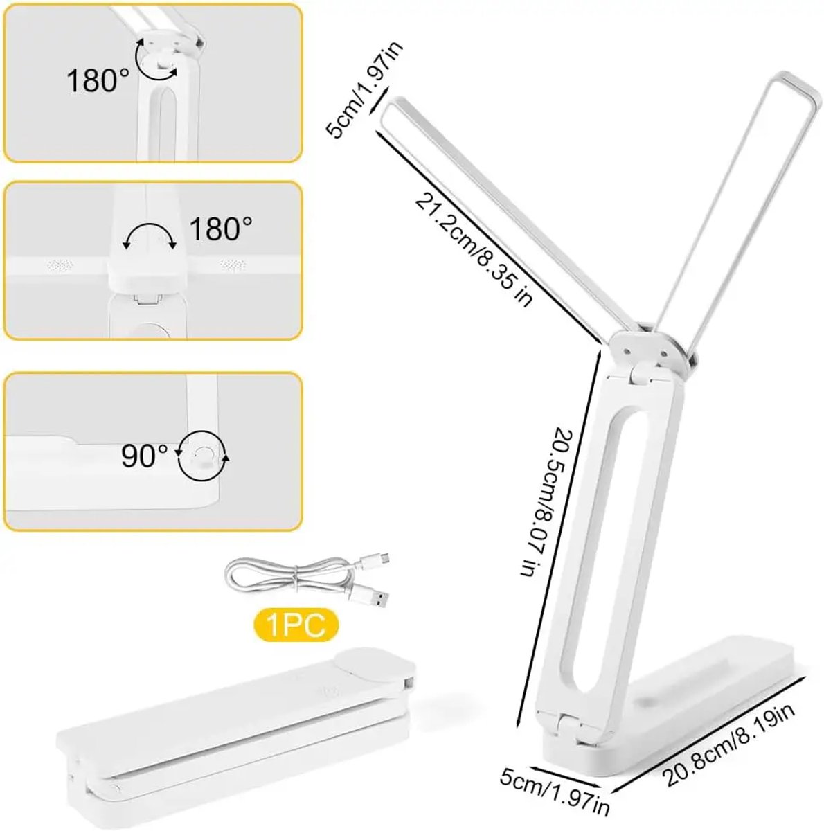 Bureaulamp -bureaulamp led dimbaar-bureaulamp kind- Opvouwbare studielamp met USB-oplaadpoort - Draaibare LED-bureaulamp met dubbele arm - Draagbare nachtlamp met drie kleurstanden - Voor lezen, knutselen, werken en studeren - Wit - 20,5 cm — cadeau in Gadgets - foto 2