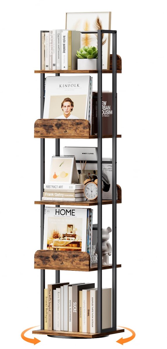 Famanu – Draaibare boekenkast toren met 5 niveaus, smalle hoekboekenplank voor boeken en decoratie, ideaal voor kleine ruimtes