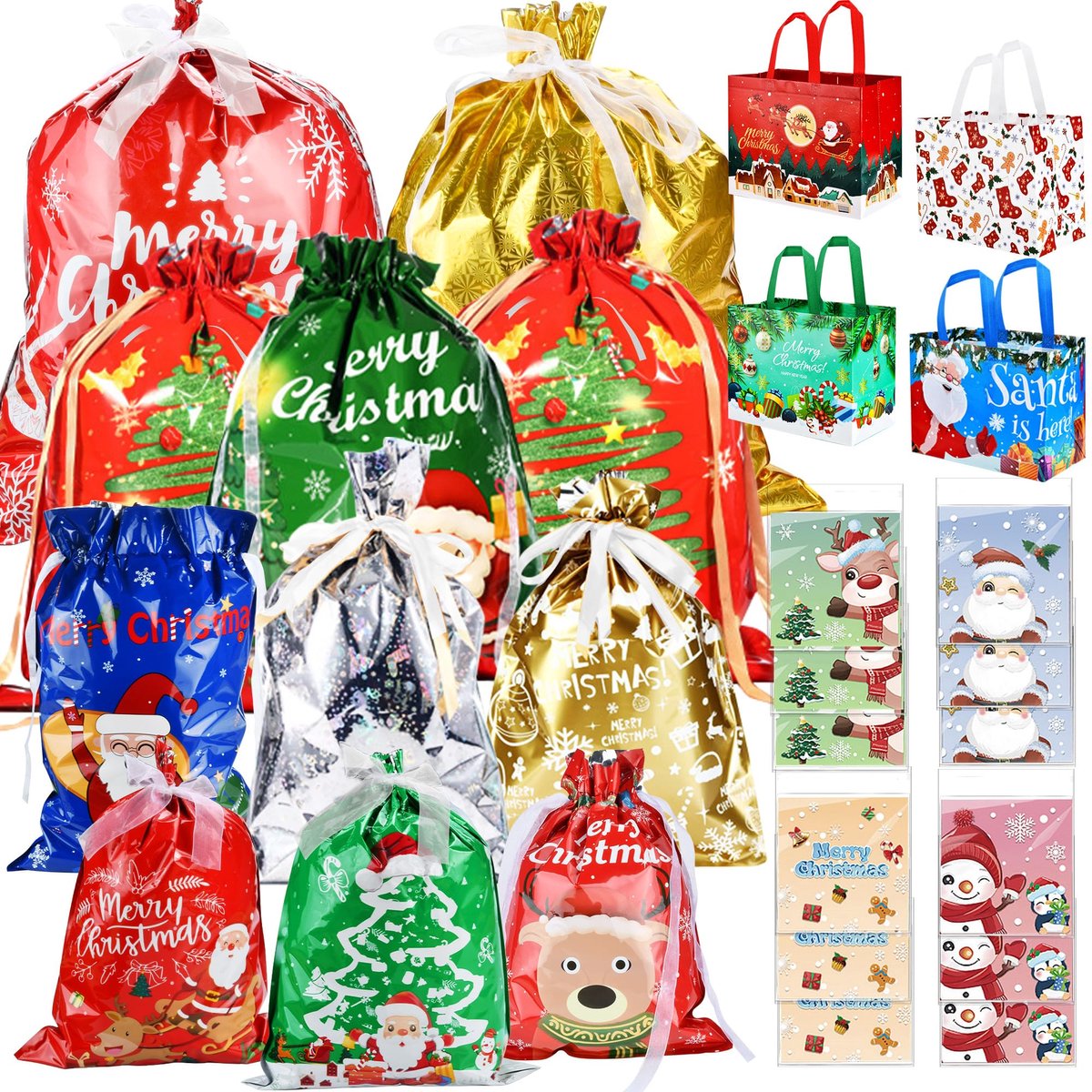 Famanu – Set van 117 kerstcadeautassen met trekkoord, grote verpakking voor kerstgeschenken, inclusief tote en cellofaan traktatiezakken
