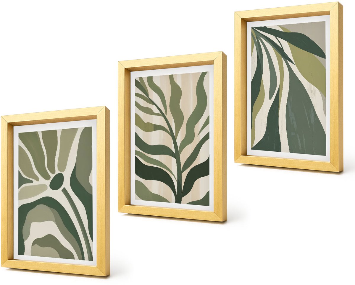 Coloray 4-Delige Schilderij Set - Geschilderde illustraties van bladeren in verschillende tinten groen. - 20 x 30 cm - Decoratieve Schilderijen - Wanddecoratie - Hal
