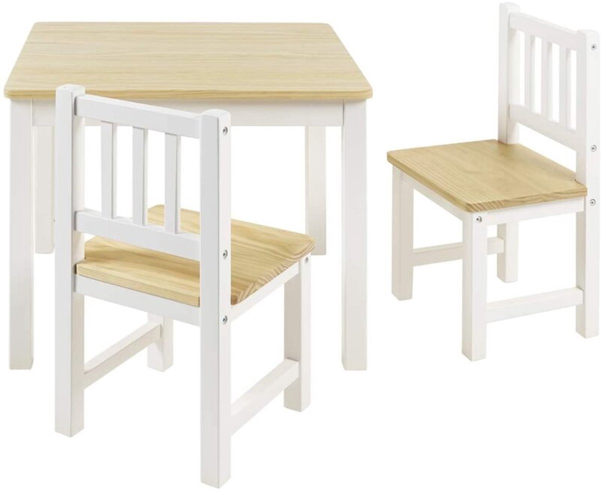 Bomi Amy Kindertafel met 2 Stoeltjes Hout FSC Naturel Wit - Massief Grenenhout - Kindertafel en Stoeltjes - Speeltafel - Tekentafel - 3 t/m 6 Jaar