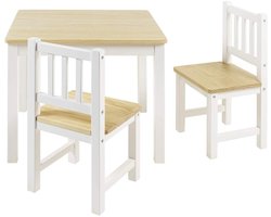 Bomi Amy Kindertafel met 2 Stoeltjes Hout FSC Naturel Wit - Massief Grenenhout - Kindertafel en Stoeltjes - Speeltafel - Tekentafel - 3 t/m 6 Jaar