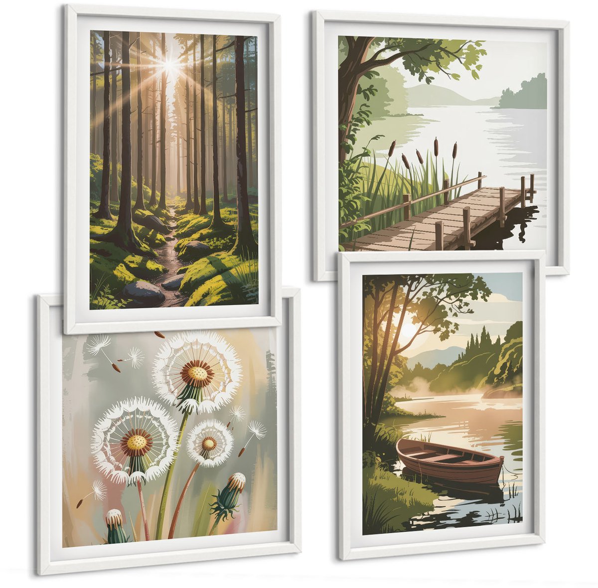 Tulup 4-Delige Schilderij Set - Rustige landschappen van bos en meer met een boot - 40x40 en 40x60 - Wanddecoratie - Woonkamer Decoratie - Interieur Decoratie