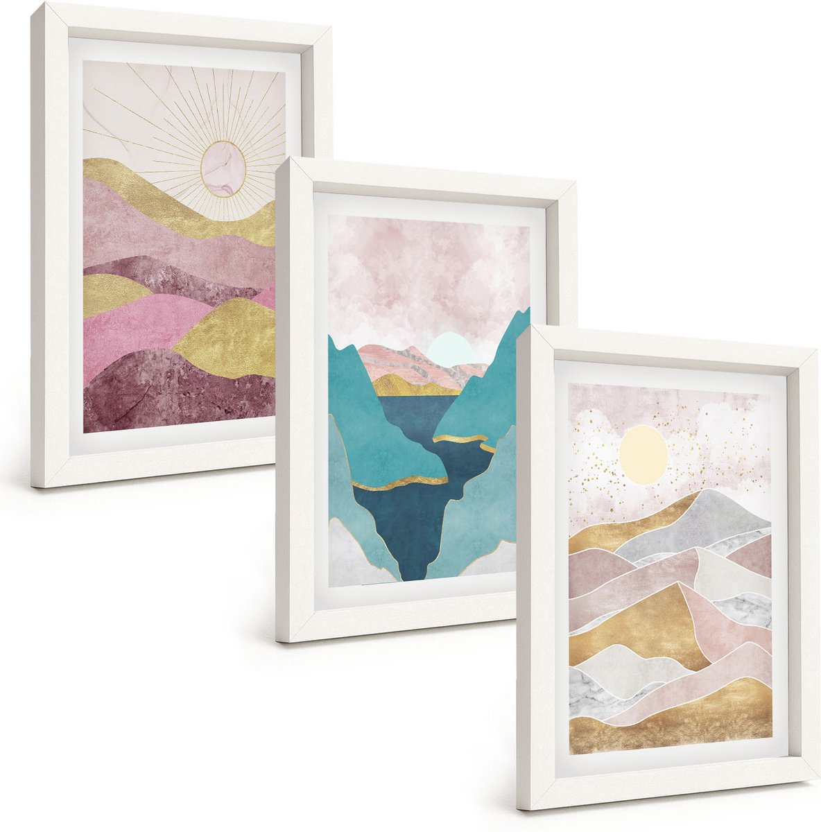 Tulup 3-Delige Schilderij Set - Abstracte landschappen met bergen en zon - 20x30 - Stijlvolle Wanddecoratie - Interieur - Interieur Decoratie