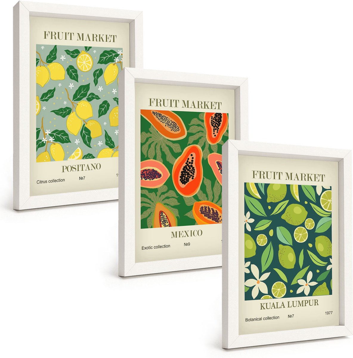 Tulup 3-Delige Schilderij Set - Vruchtpatronen van citroenen, papaja's en limoenen - 20x30 - Stijlvolle Muurdecoratie - Kantoor - Moderne Wanddecoratie